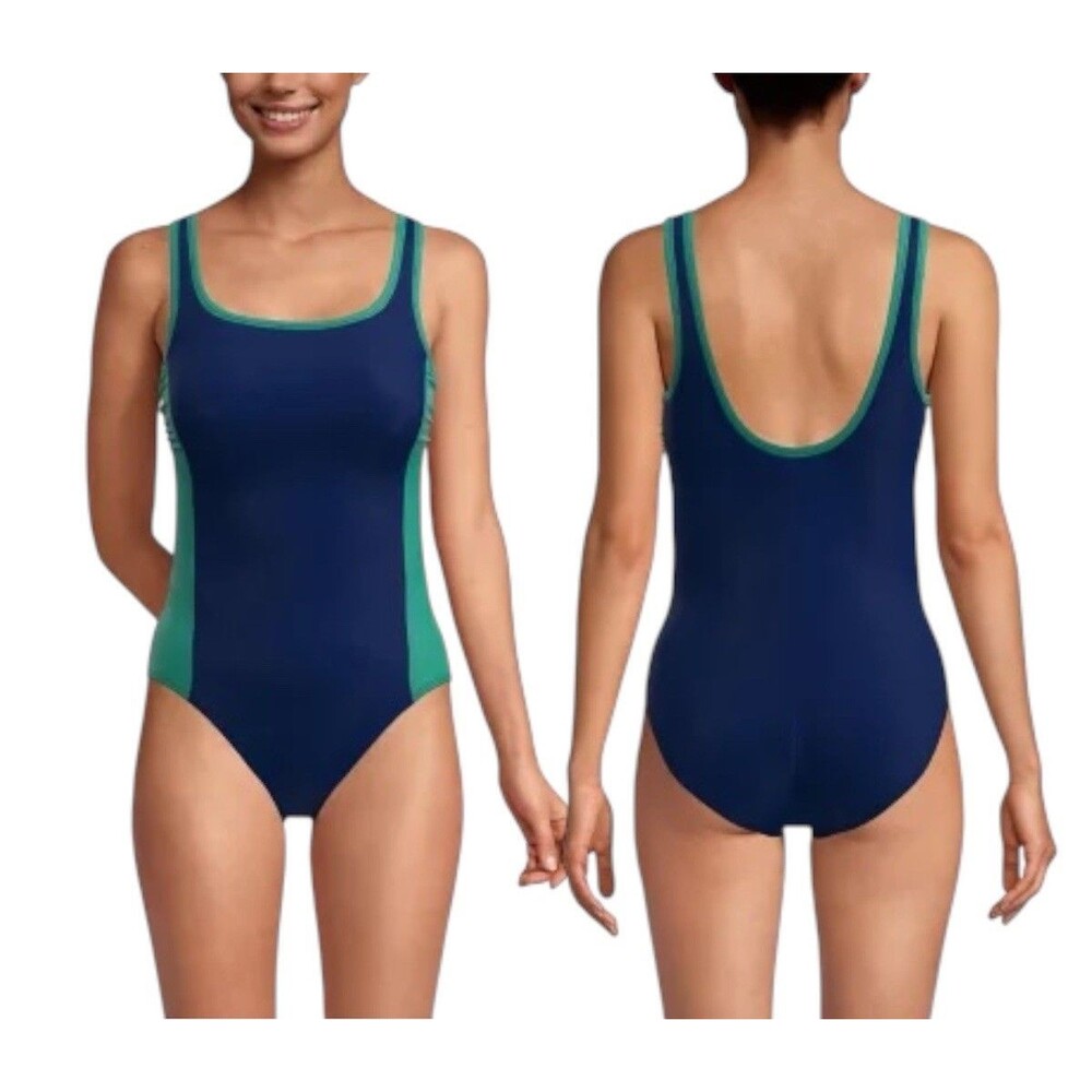 Lands' End Women's Scoop Neck One-Piece Swimsuit Size XL Navy And Green